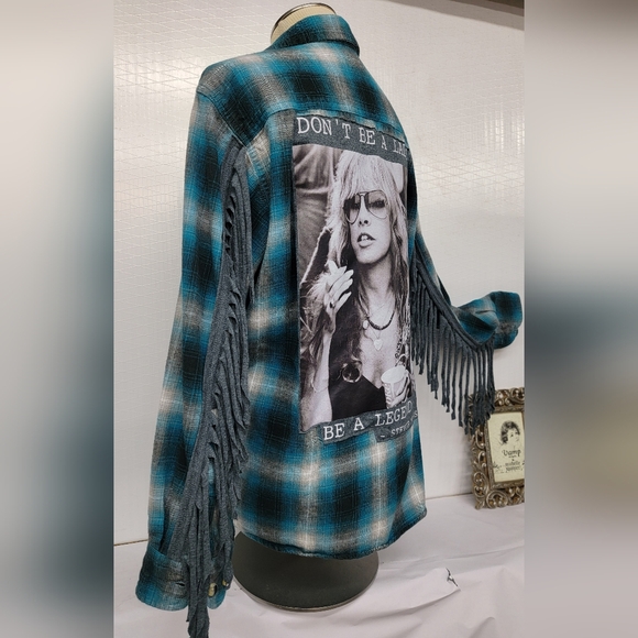 **SOLD**Stevie Nicks Upcycled Reworked Flannel Shirt Jacket Shacket - Picture 2 of 10